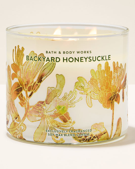 Bath and body works 3 wick candle backyard honeysuckle